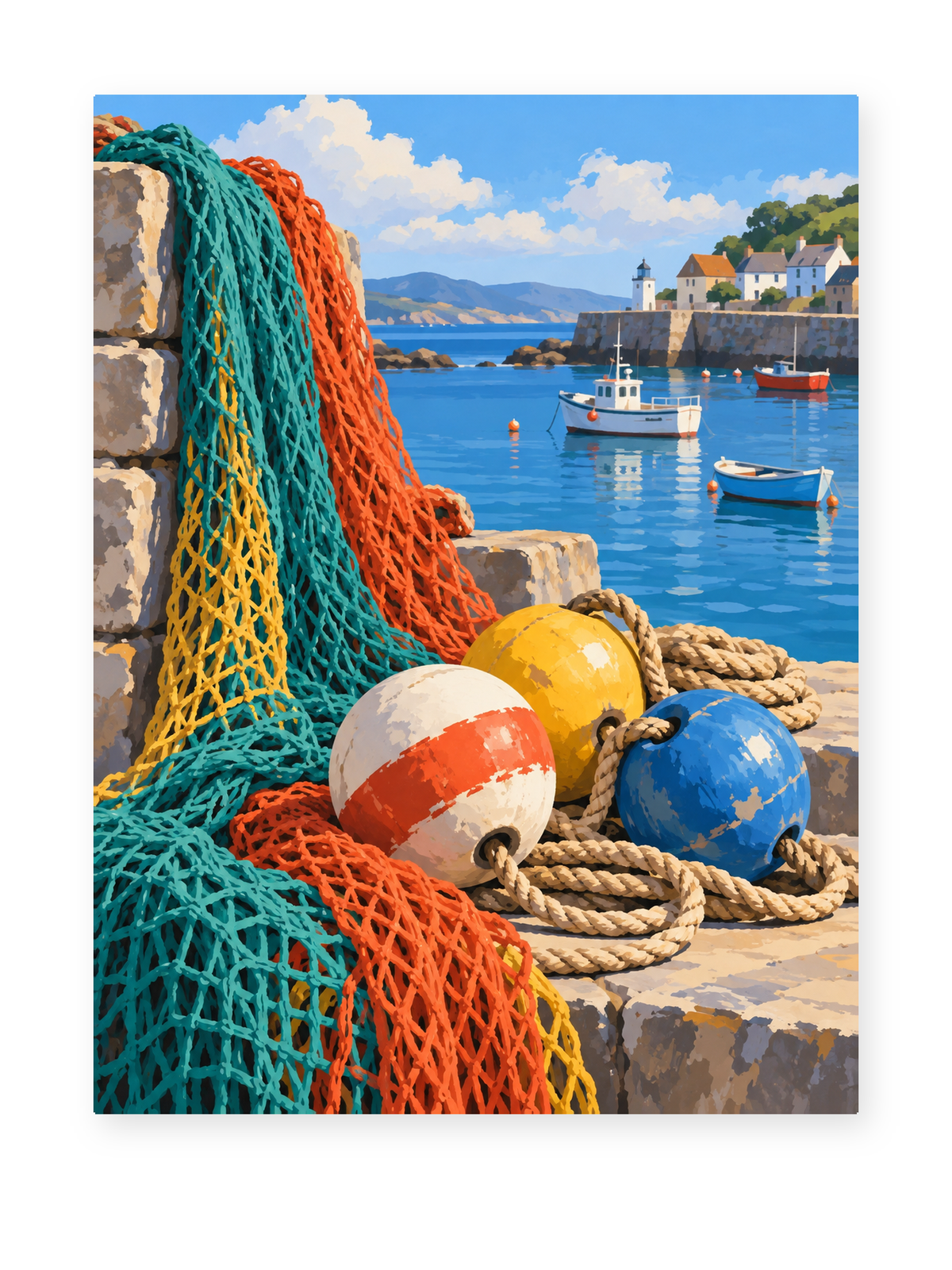 Colorful fishing nets and floats beside a sunny working harbor - coastal paint by numbers artwork
