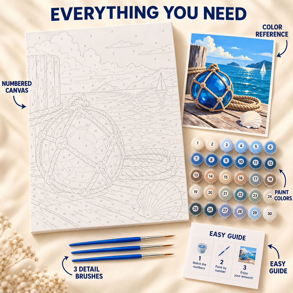 Nautical Buoy paint by numbers kit showing numbered canvas, paint pots, three brushes, color reference and painting guide