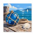 A blue glass fishing float wrapped in rope on a wooden dock overlooking the sea - coastal paint by numbers artwork