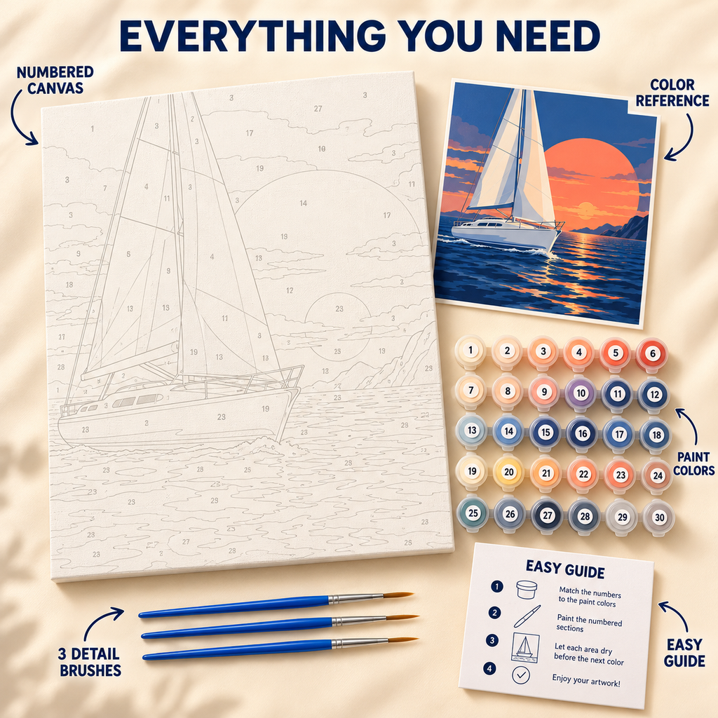 Sunset Sailboat paint by numbers kit showing numbered canvas, paint pots, three brushes, color reference and painting guide