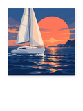A white sailboat passing beneath an oversized orange sunset over dark blue water - coastal paint by numbers artwork