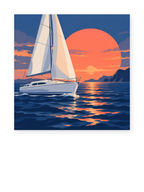 A white sailboat passing beneath an oversized orange sunset over dark blue water - coastal paint by numbers artwork