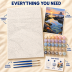 Rocky Tide Pool paint by numbers kit showing numbered canvas, paint pots, three brushes, color reference and painting guide