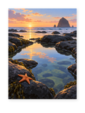 A rocky tide pool with a starfish reflecting a sunset beside a distant sea stack - coastal paint by numbers artwork