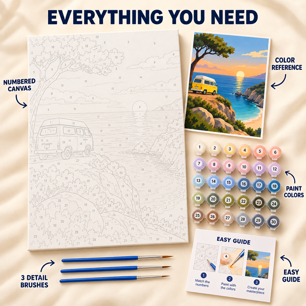 Coastal Road Trip paint by numbers kit showing numbered canvas, paint pots, three brushes, color reference and painting guide