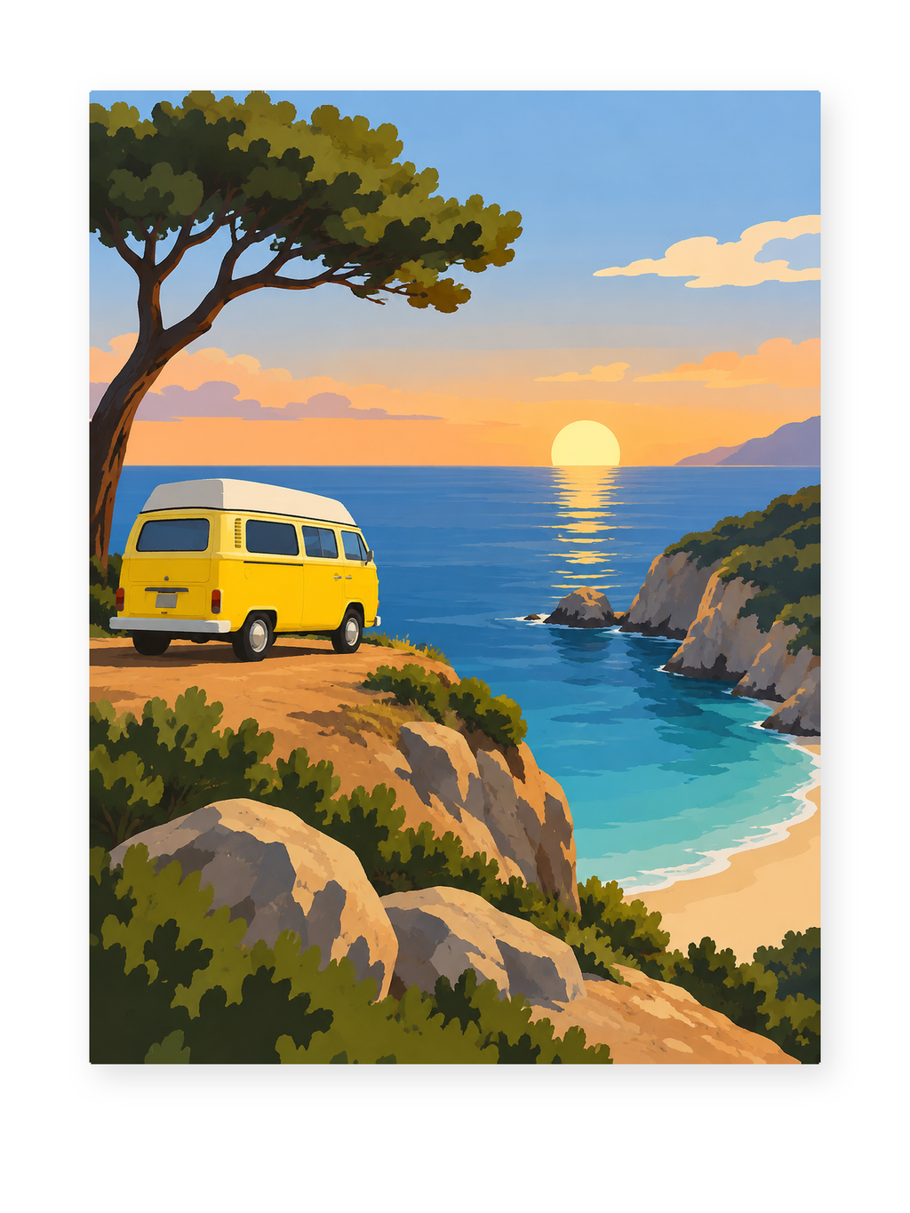 A yellow camper van parked beneath a coastal pine above a turquoise cove at sunset - coastal paint by numbers artwork