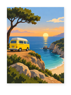 A yellow camper van parked beneath a coastal pine above a turquoise cove at sunset - coastal paint by numbers artwork