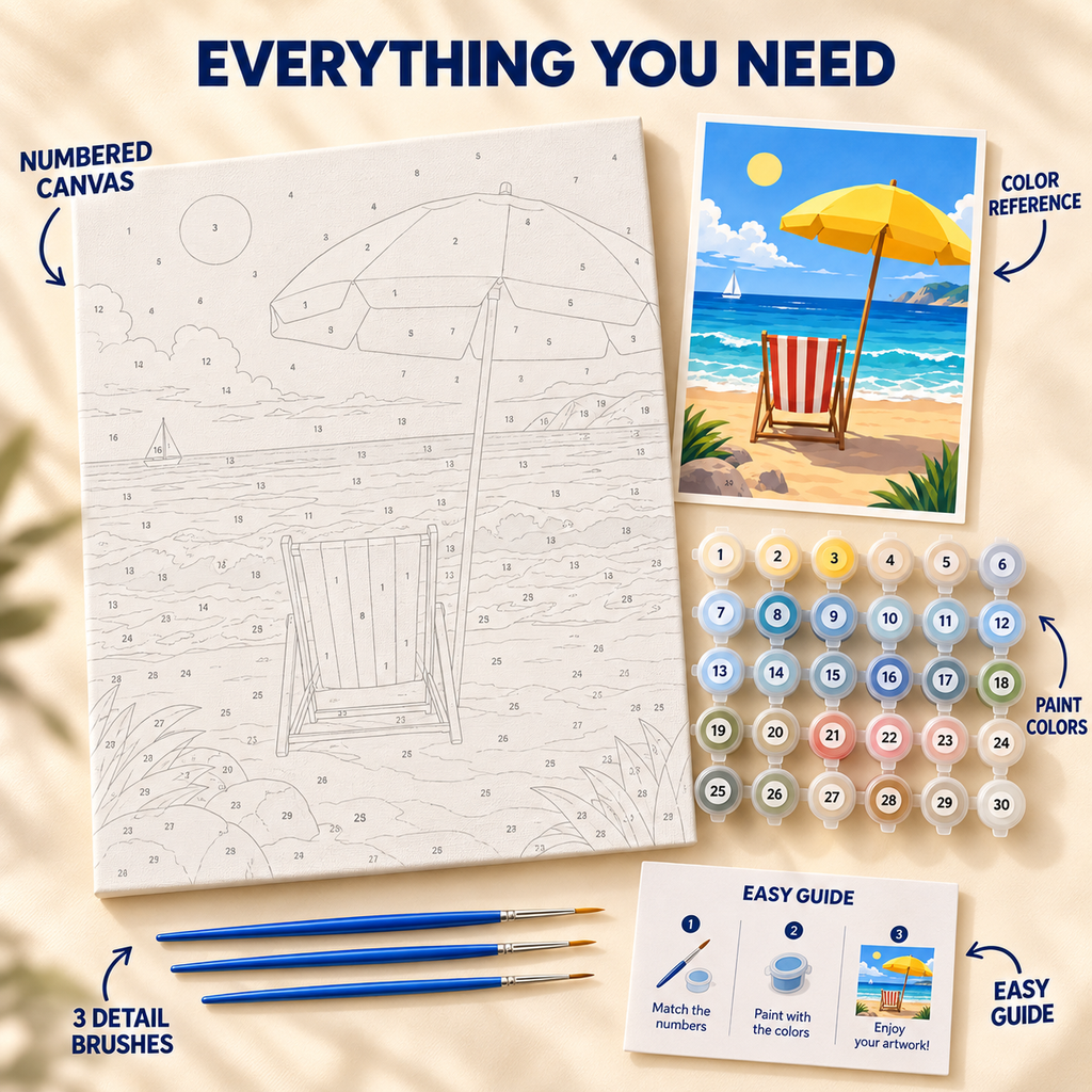 Sunny Beach Chair paint by numbers kit showing numbered canvas, paint pots, three brushes, color reference and painting guide