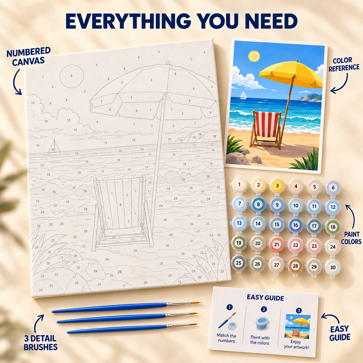 Sunny Beach Chair paint by numbers kit showing numbered canvas, paint pots, three brushes, color reference and painting guide