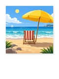 A striped deck chair beneath a yellow umbrella on a sunny sandy beach - coastal paint by numbers artwork