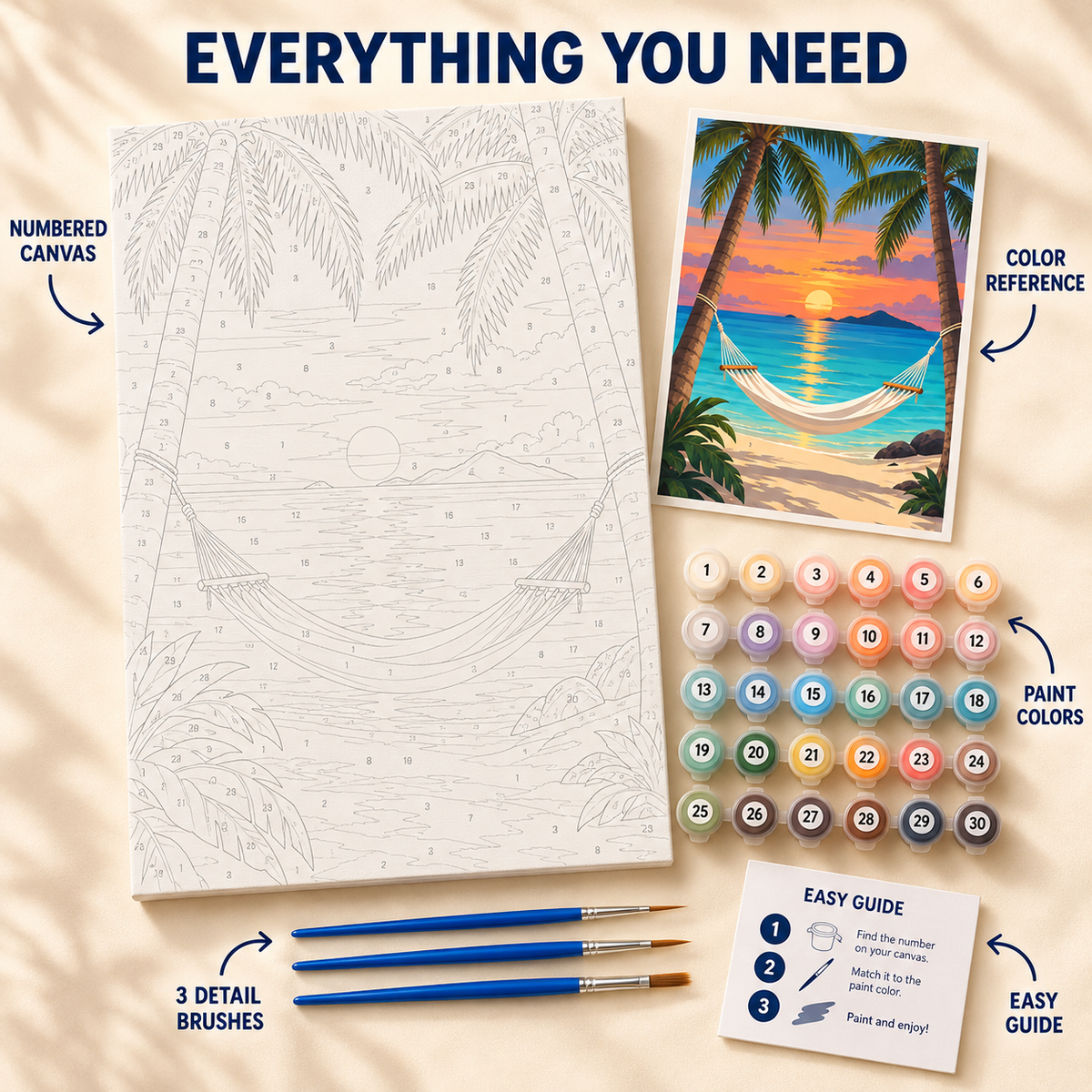 Tropical Hammock paint by numbers kit showing numbered canvas, paint pots, three brushes, color reference and painting guide