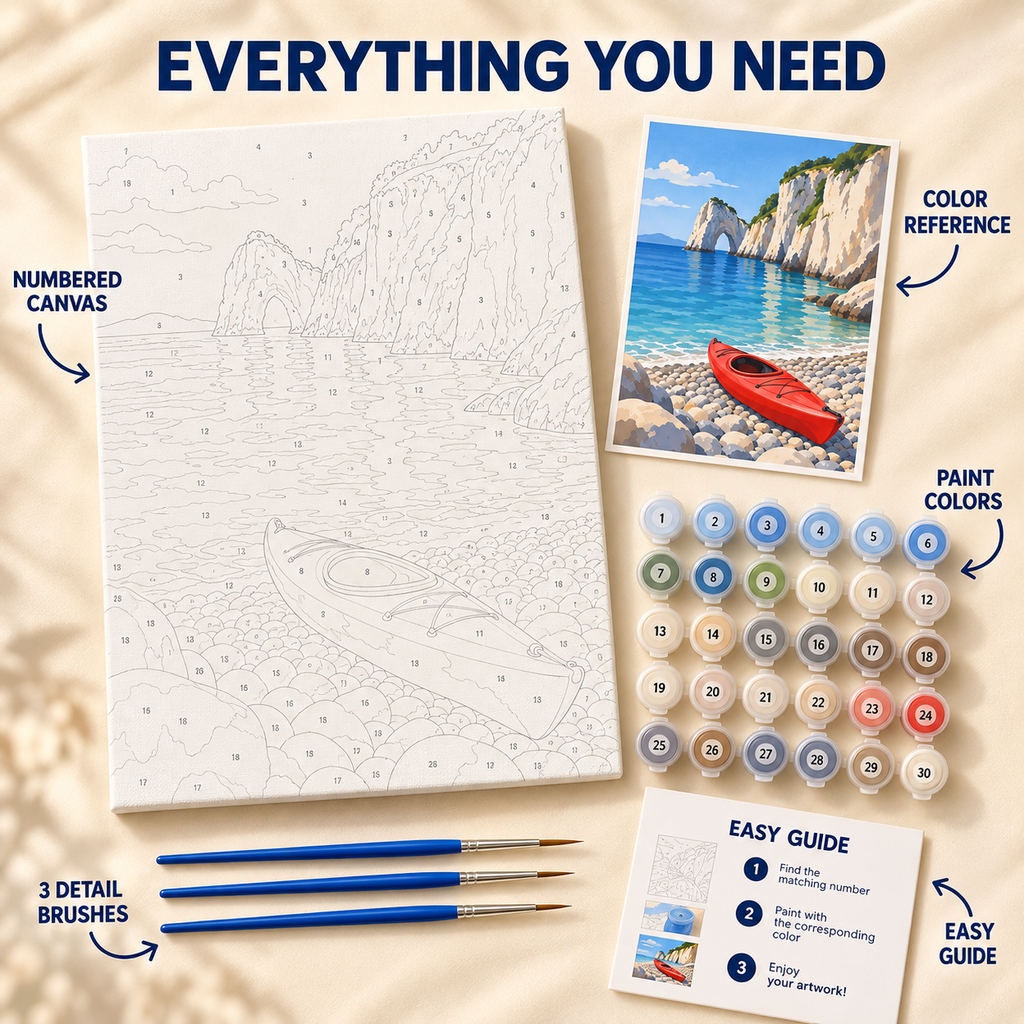 Red Kayak Cove paint by numbers kit showing numbered canvas, paint pots, three brushes, color reference and painting guide