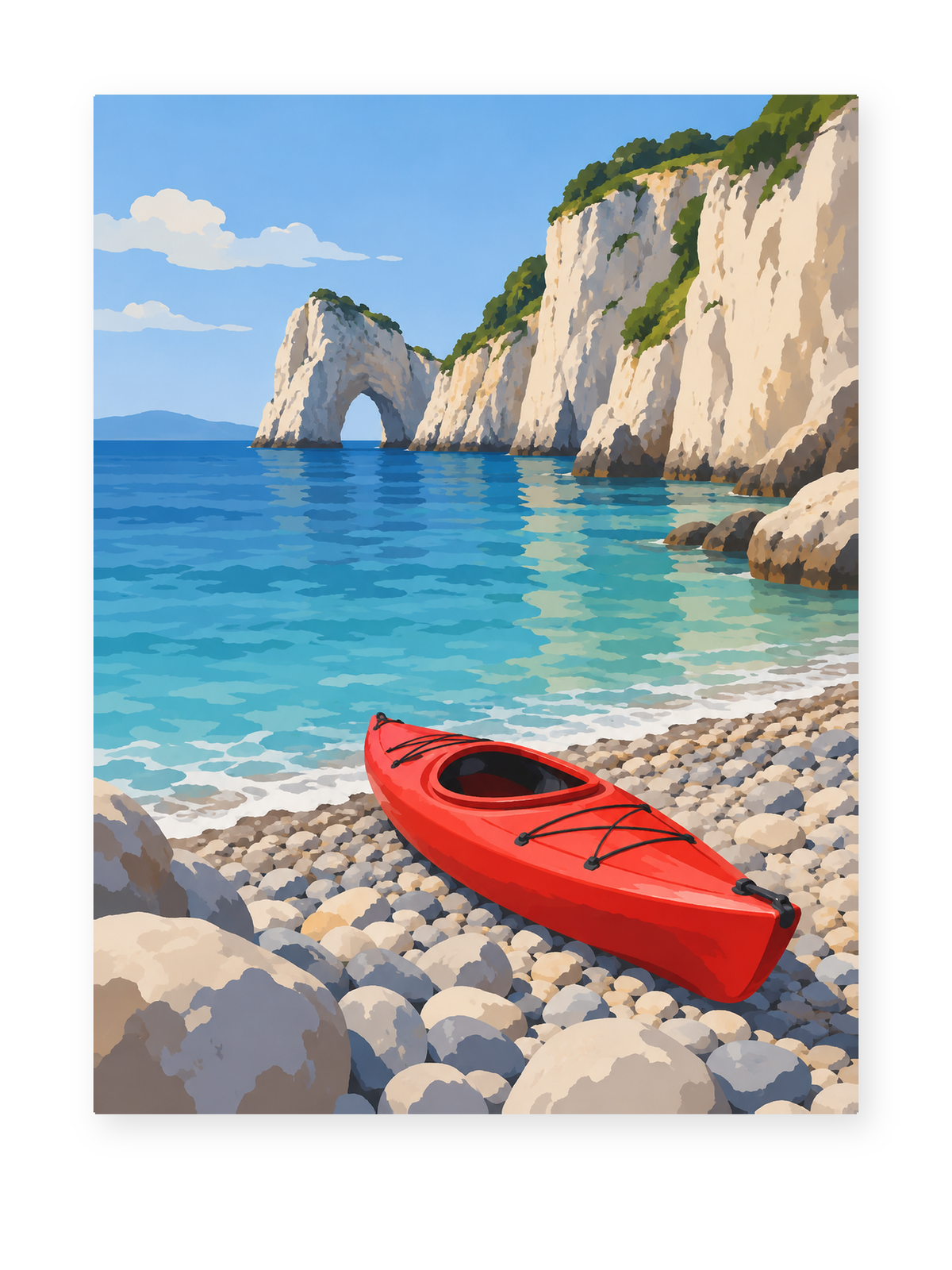 A red kayak on a pebble beach beneath white cliffs and a coastal rock arch - coastal paint by numbers artwork