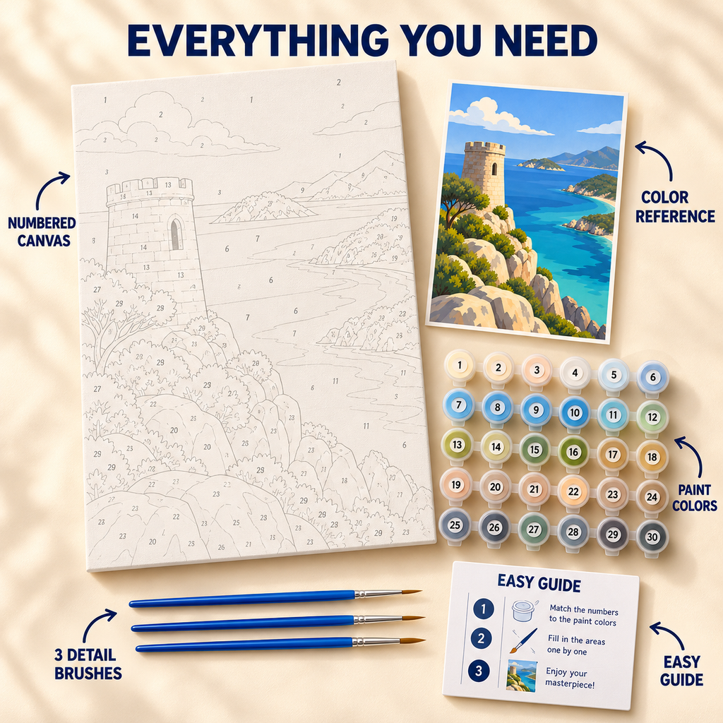 Coastal Watchtower paint by numbers kit showing numbered canvas, paint pots, three brushes, color reference and painting guide