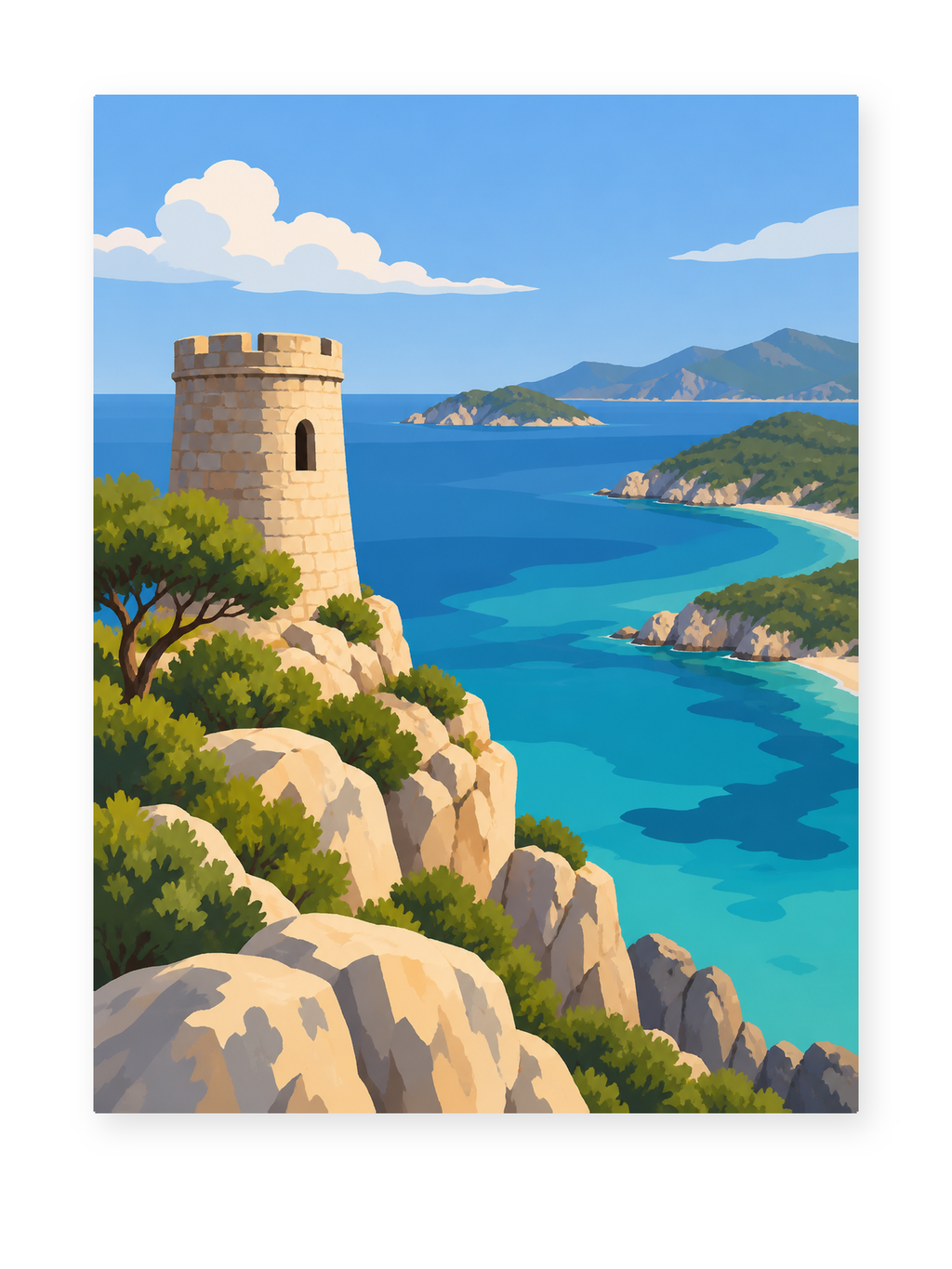 A stone watchtower above turquoise coastal water and rocky green headlands - coastal paint by numbers artwork