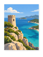 A stone watchtower above turquoise coastal water and rocky green headlands - coastal paint by numbers artwork