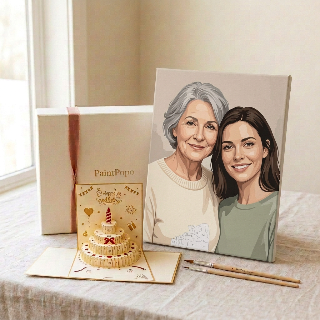 Custom portrait paint-by-numbers gift package concept with gift box and pop-up birthday card.