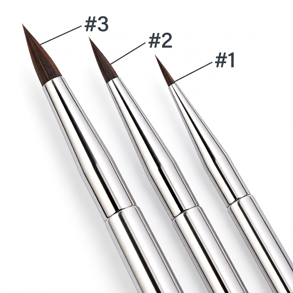 Brush tip close-up labeled #3 on the left, #2 in the middle, and #1 on the right.