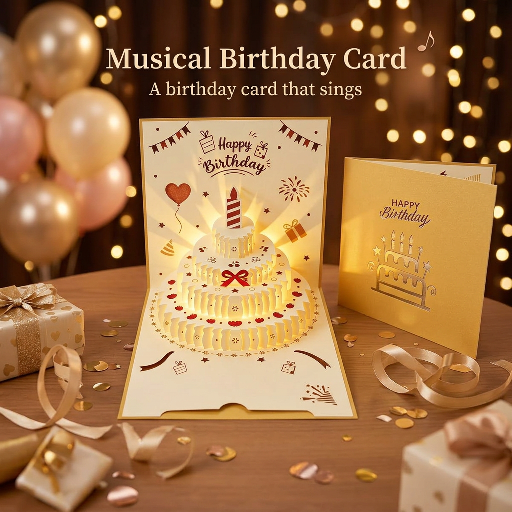 Musical birthday pop-up cake greeting card in a festive birthday party setting.