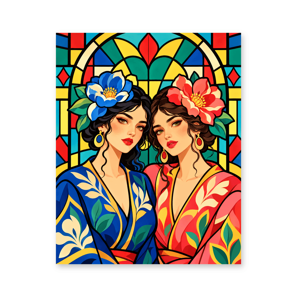 Colorful Connections portrait paint by numbers of two women in vibrant floral dresses and a stained glass background.