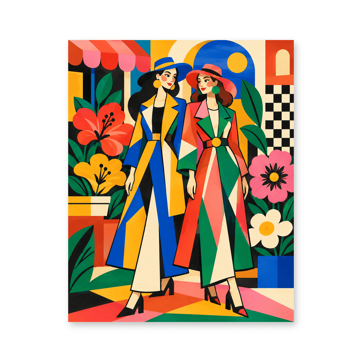 Colorful Connections portrait paint by numbers featuring two fashionable women in vibrant attire with flowers and geometric patterns.