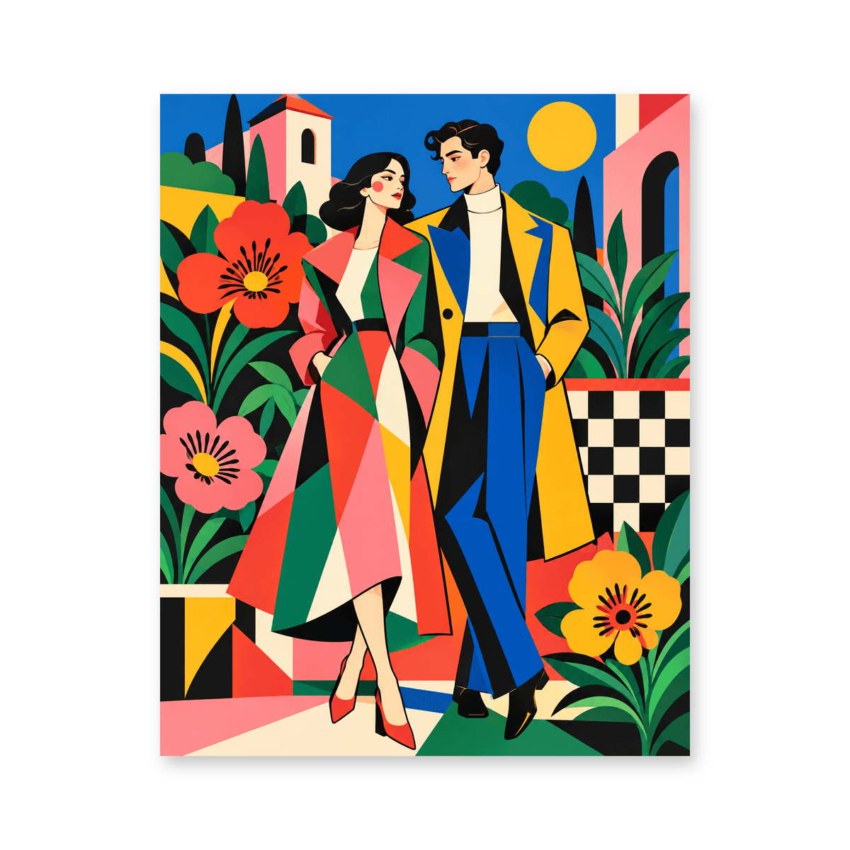 Colorful portrait paint by numbers design featuring a couple amidst vibrant flowers and geometric patterns.