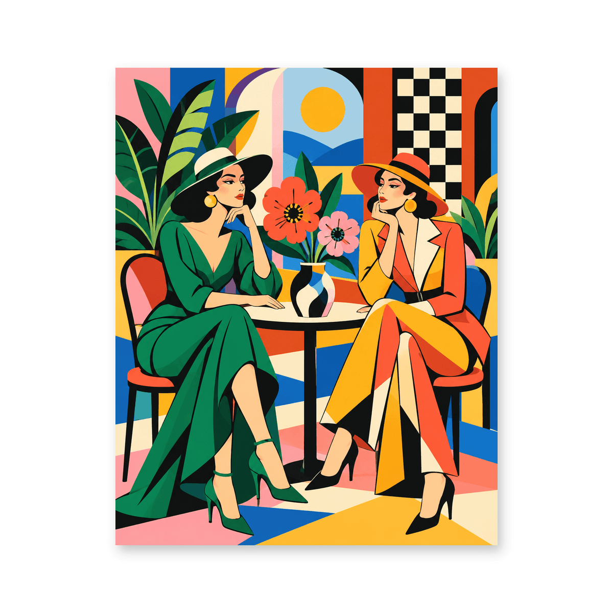 Colorful portrait paint by numbers design featuring two women seated with vibrant flowers and geometric patterns.