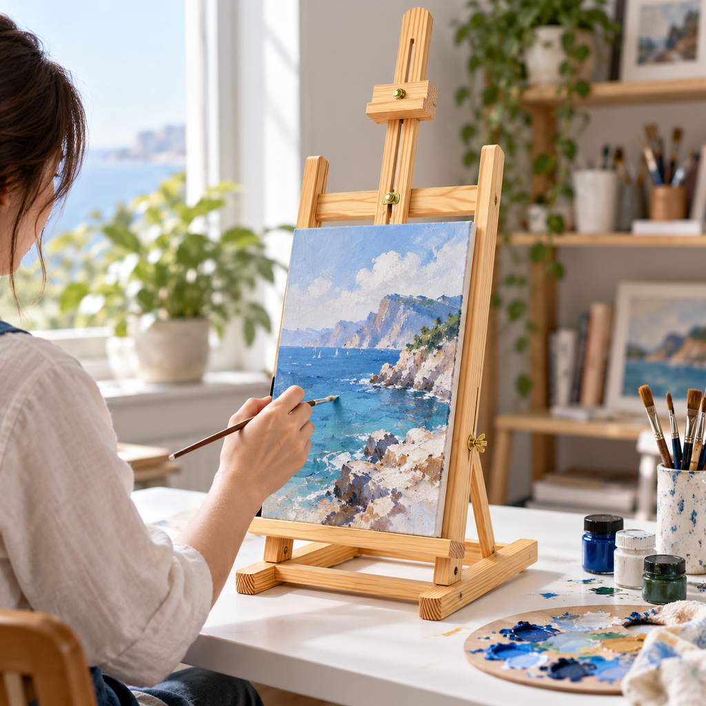 Natural pine wood tabletop easel in a painting scene