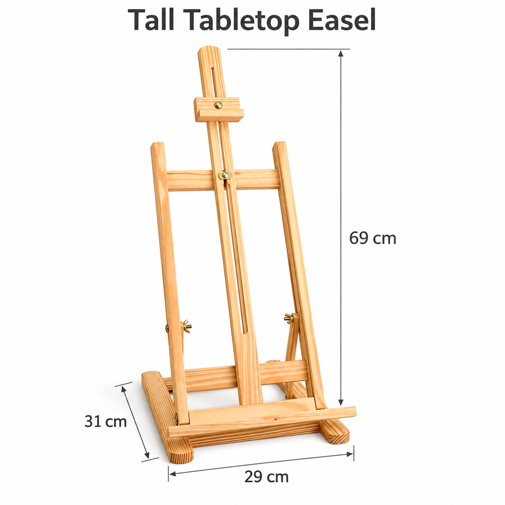 Natural pine wood tabletop easel showing tall dimensions